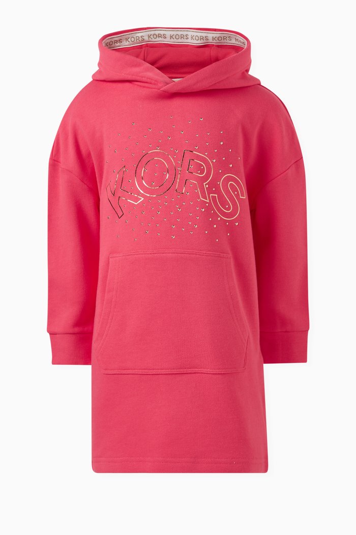 

Logo Print Hooded Dress in Polyester, Pink