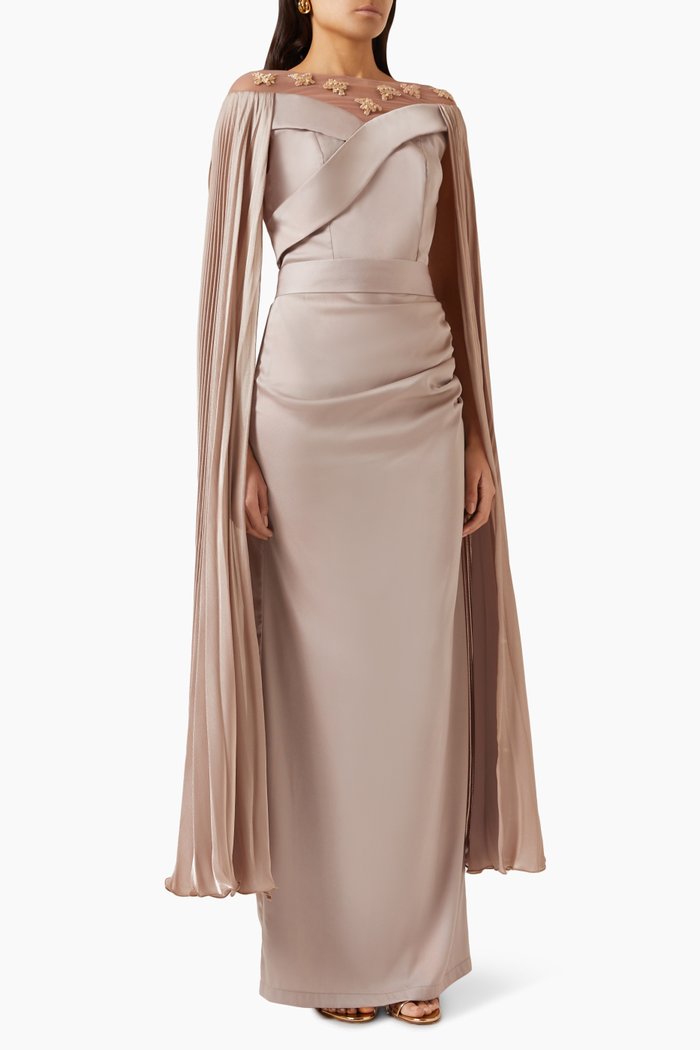 

Pleated Cape-sleeve Maxi Dress in Crêpe-satin, Neutral
