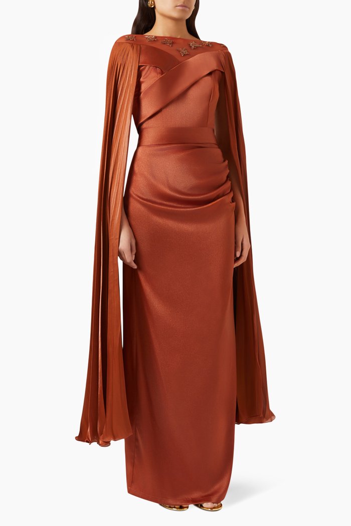 

Pleated Cape-sleeve Maxi Dress in Crêpe-satin, Brown