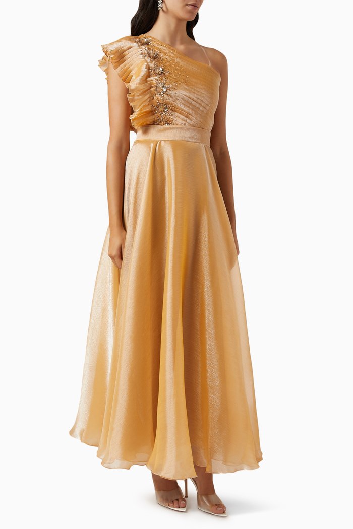 

One-shoulder Embellished Maxi Dress in Metallic-tulle, Gold