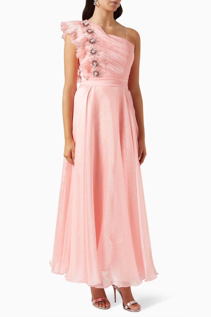 

One-shoulder Embellished Maxi Dress in Metallic-tulle, Pink