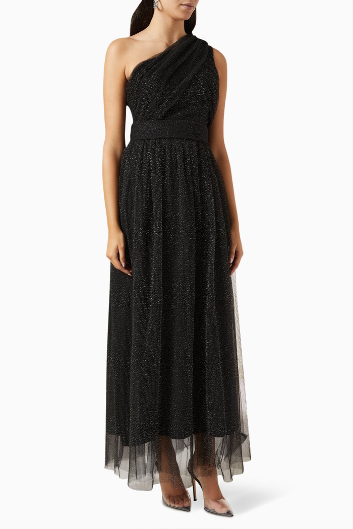 

One-shoulder Maxi Dress in Glitter-tulle, Black
