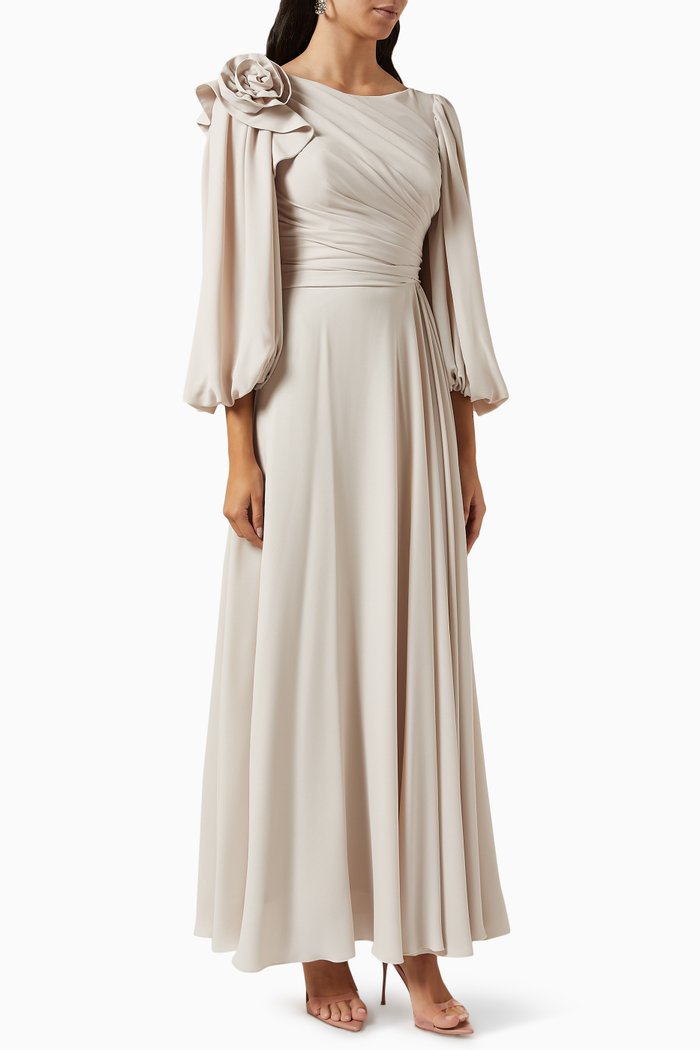 

3D Floral-embellished Maxi Dress, Neutral