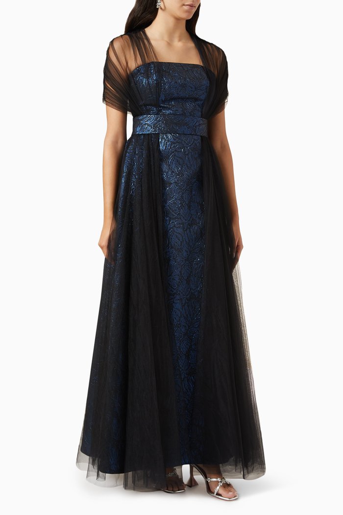 

Belted Strapless Maxi Dress in Jacquard, Blue