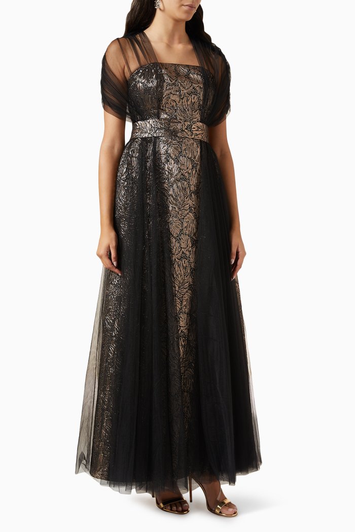 

Belted Strapless Maxi Dress in Jacquard, Gold