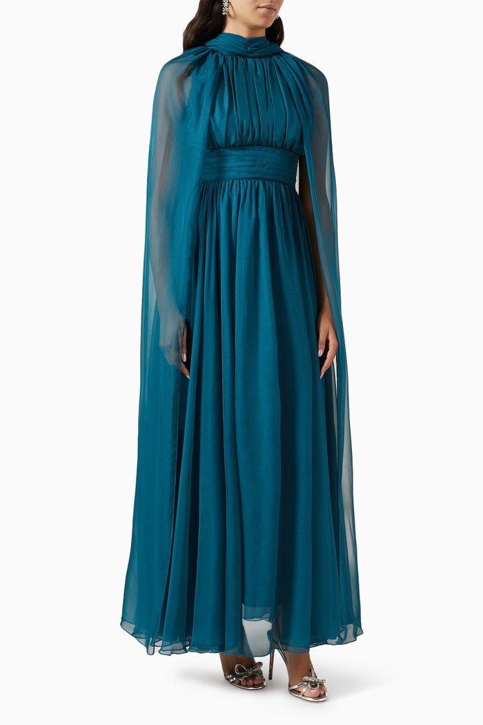 

High-neck Cape Maxi Dress, Green