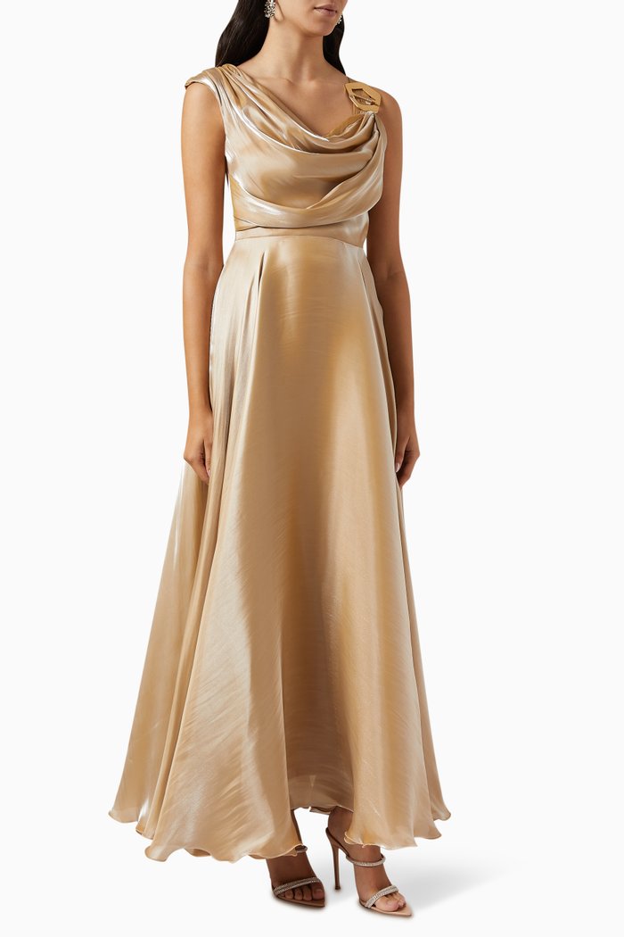 

Draped Maxi Dress in Silky Satin, Gold