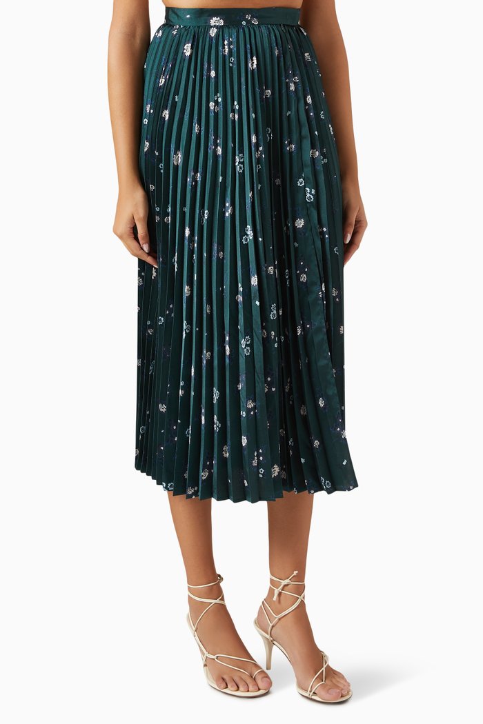 

Elda Pleated Midi Skirt in Satin, Green