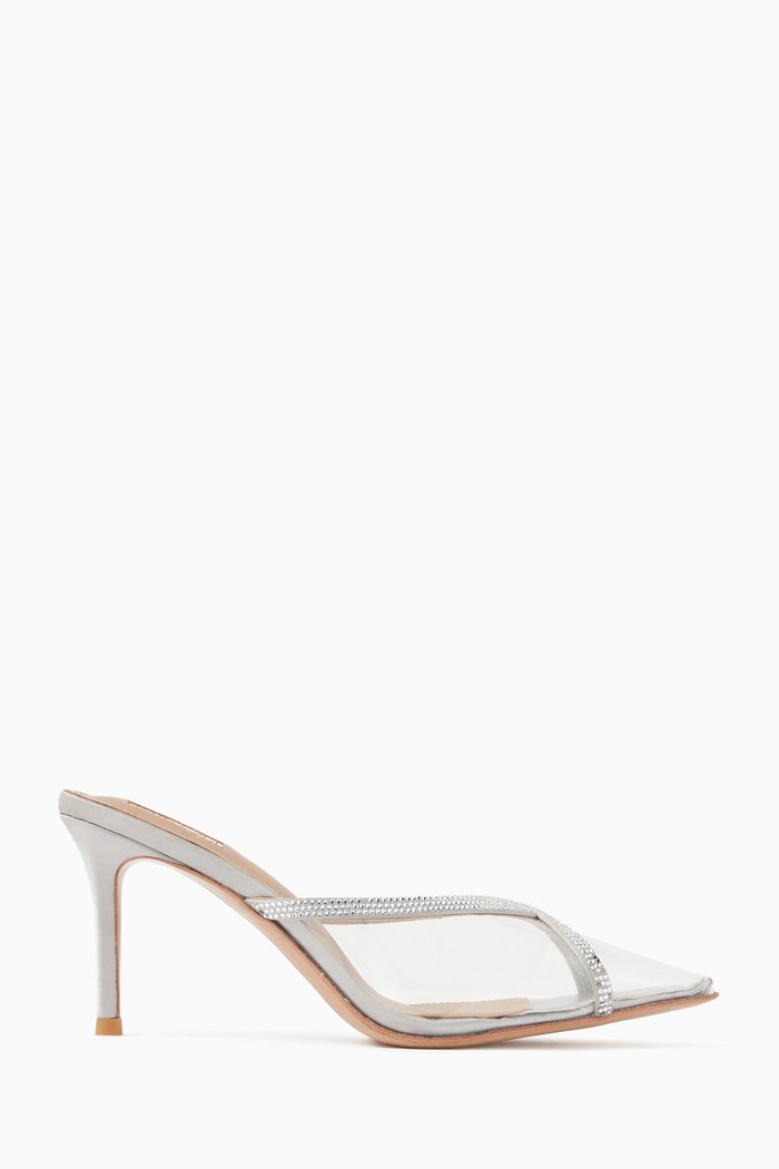 

Nellie 75 Embellished Mules in Plexi & Satin, Silver