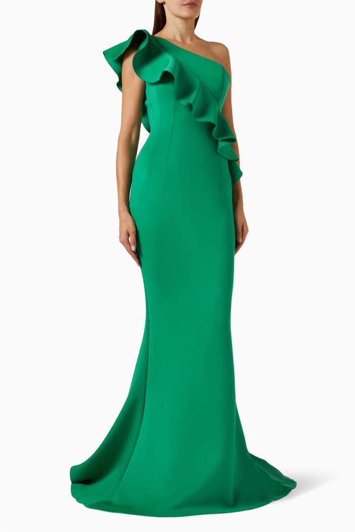 

Ruffle One-shoulder Gown, Green