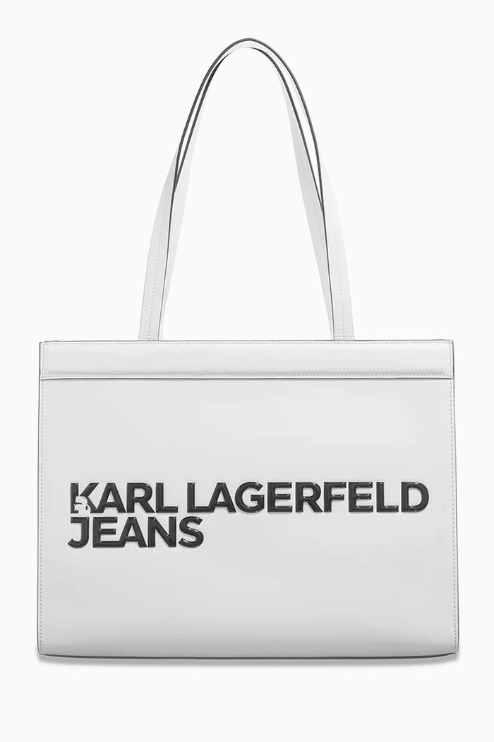 KLJ Logo Tote Bag in Faux Leather, White