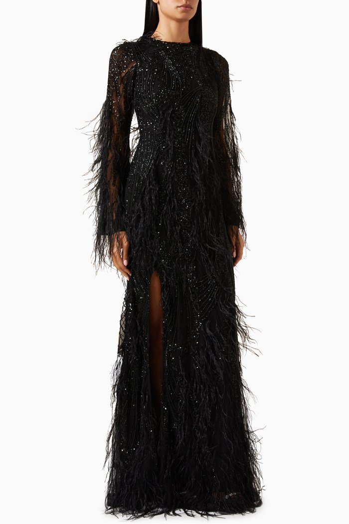Aster Feather-embellished Gown, Black