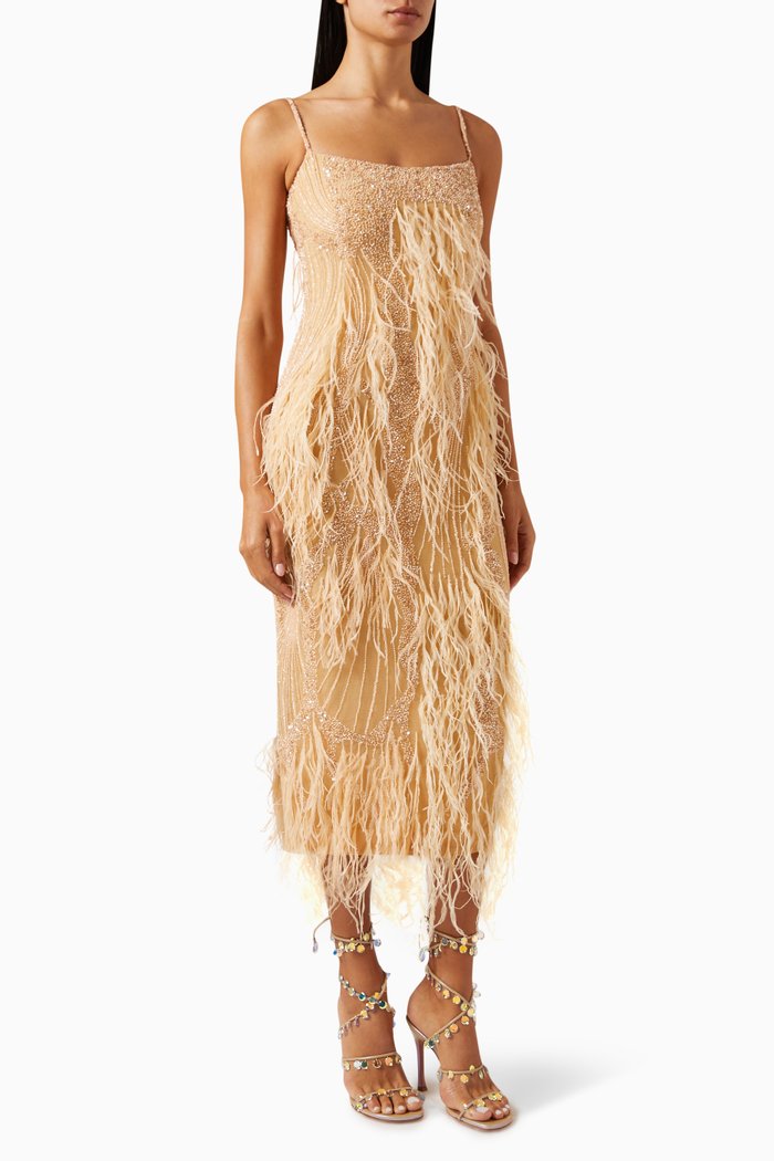 

Aster Feather-embellished Midi Dress, Pink