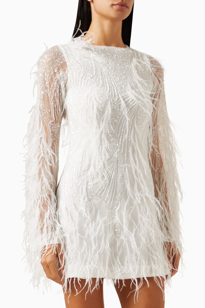 Aster Feather-embellished Mini Dress, White