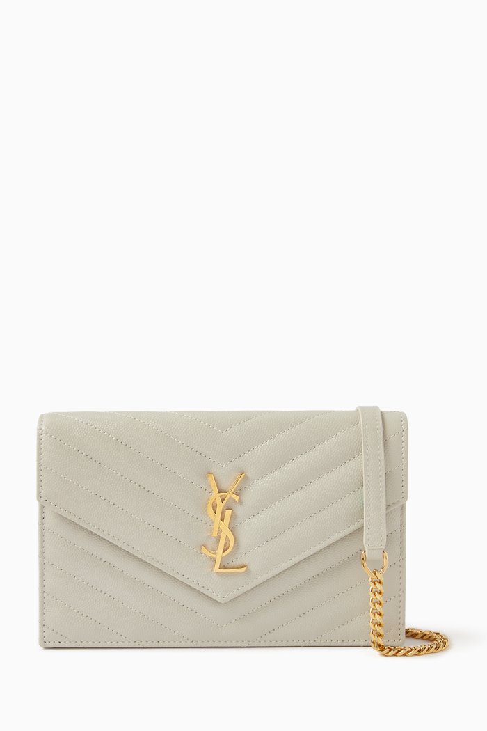 Cassandre Matelassé Envelope Chain Wallet in Embossed Leather, White
