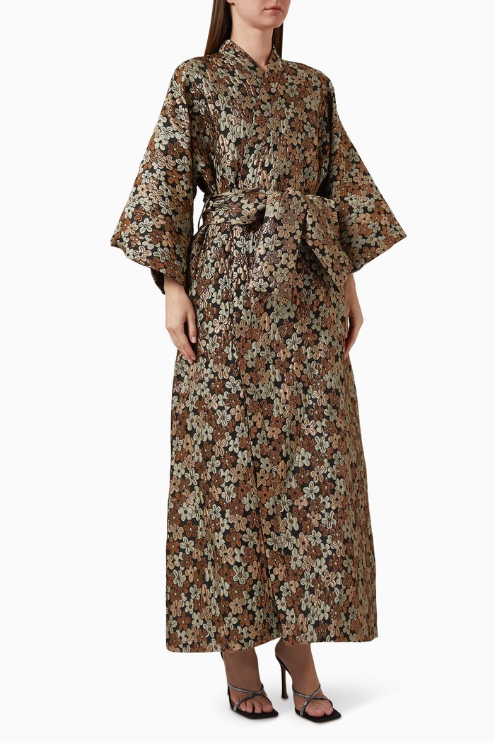 

Wrap Belted Kaftan in Metallic Brocade, Brown
