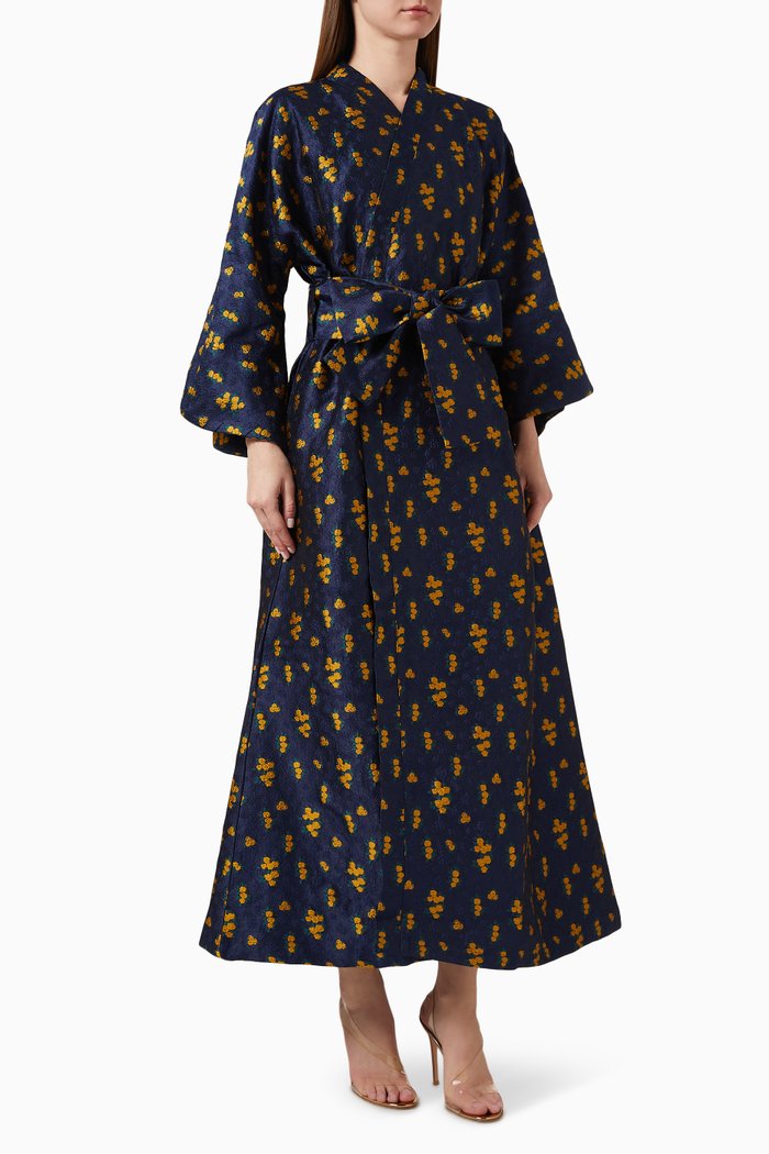 Floral-embroidered Belted Kaftan, Blue