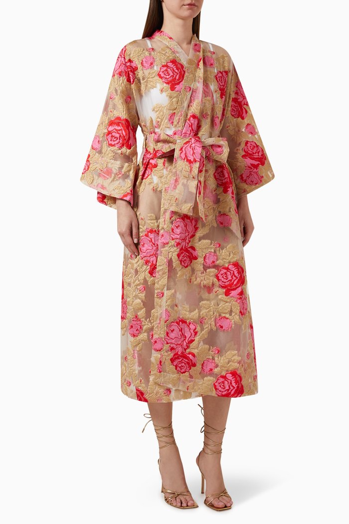 

Floral-embroidered Belted Kaftan, Multicolour