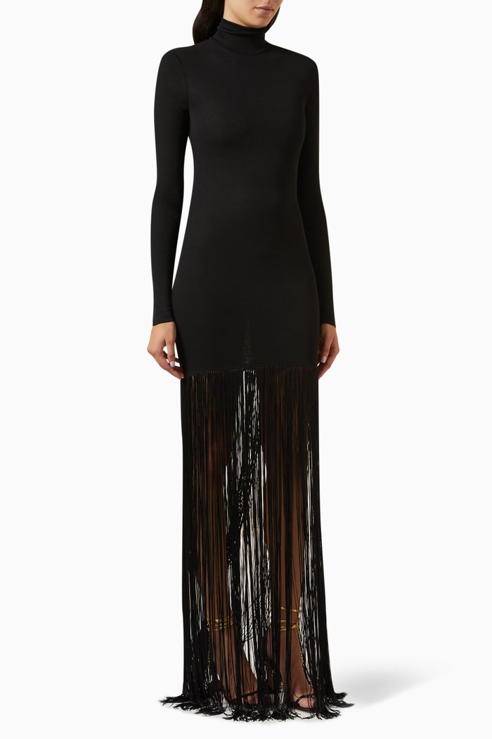 Hazina Turtleneck Fringe Dress in Mesh-jersey, Black