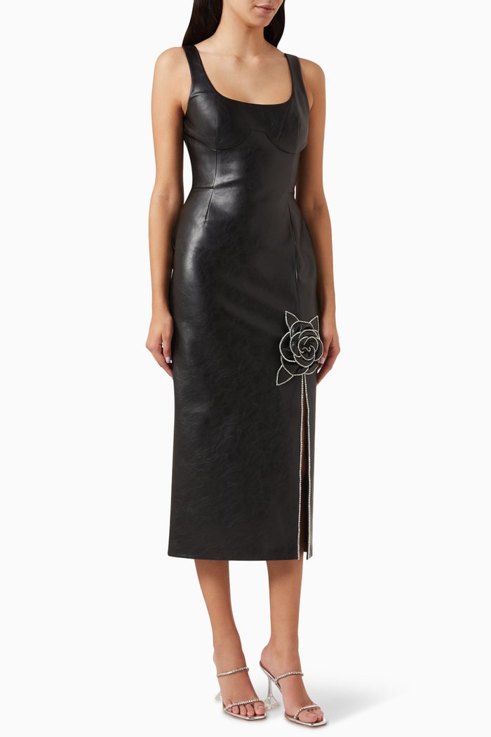 

Crystal-embellished Midi Dress in Vegan Leather, Black