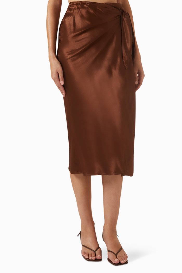 

Wrap Midi Skirt in Satin, Brown