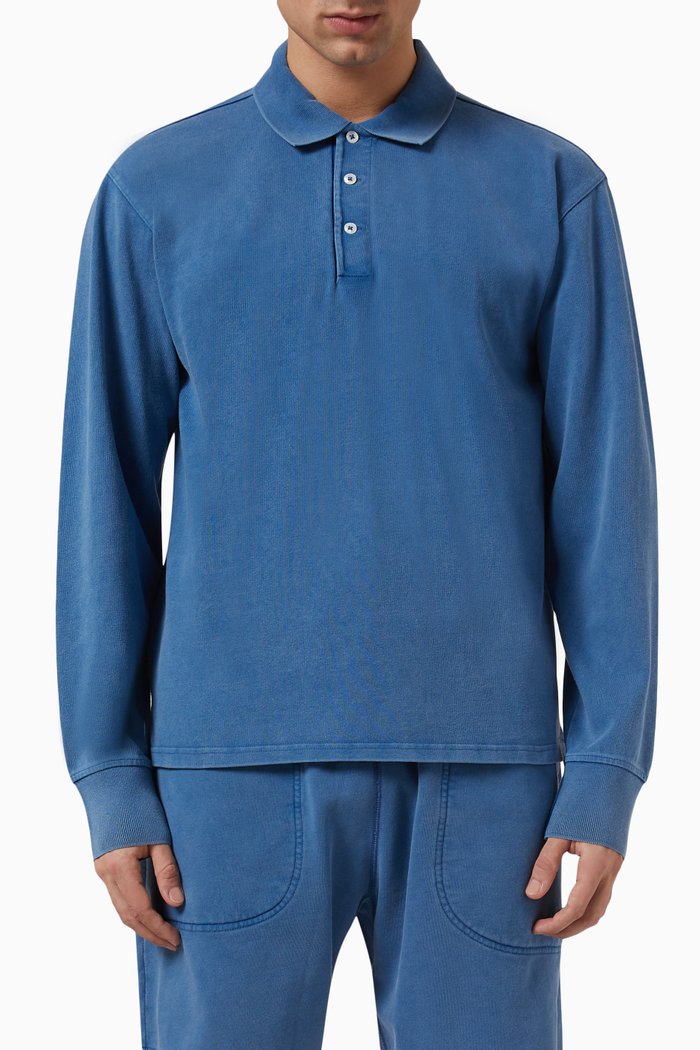 Longsleeved Polo in Cotton Jersey, Blue