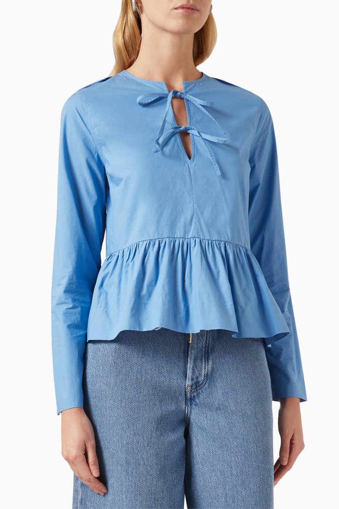 

String-tie Peplum Top in Cotton-poplin, Blue
