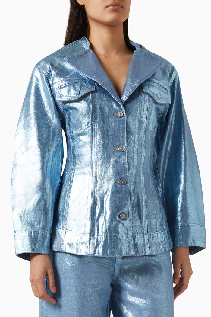 Foil-finish Fitted Blazer in Denim, Blue