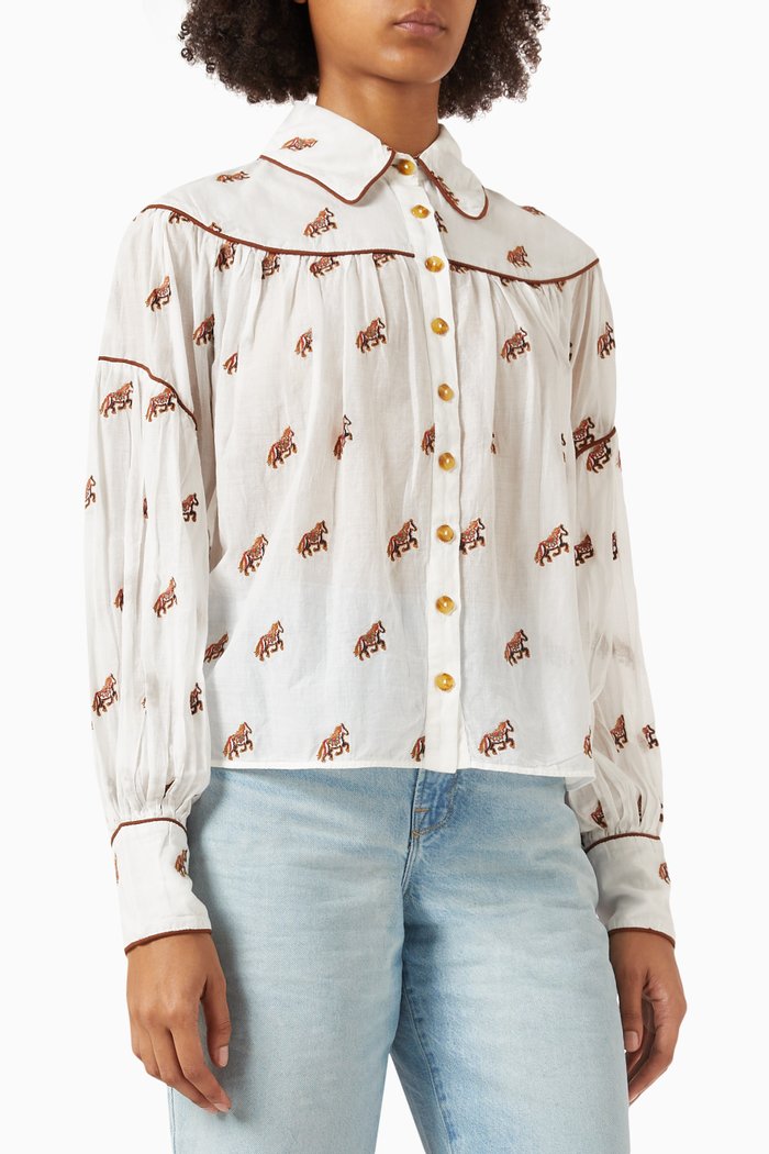 

Embroidered Horses Blouse in Cotton, Neutral