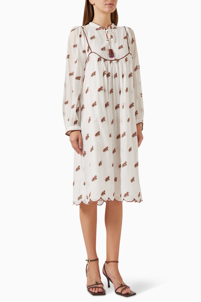 

Embroidered Horses Midi Dress in Cotton, Neutral
