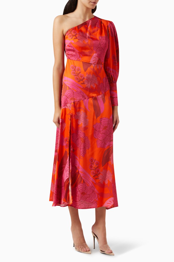 

Floral One-shoulder Midi Dress in Rayon, Red