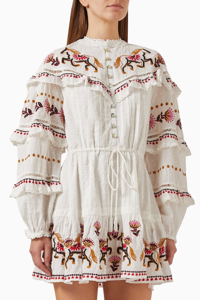 Embroidered Horses Ruffle Mini Dress, Neutral