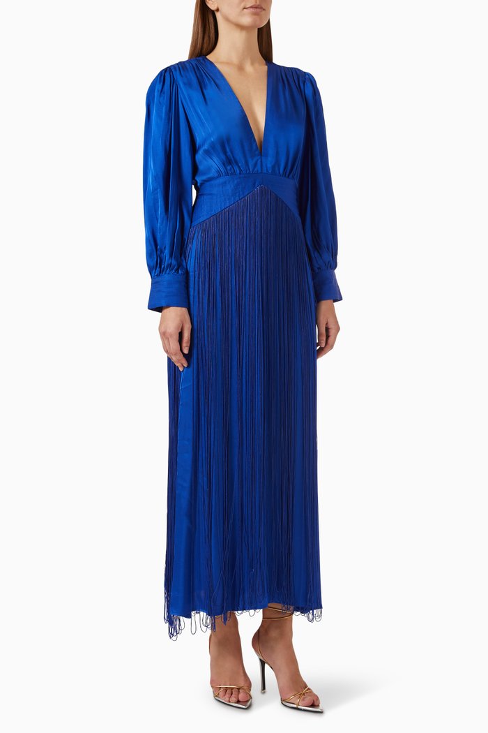 

Fringes Maxi Dress in Satin, Blue