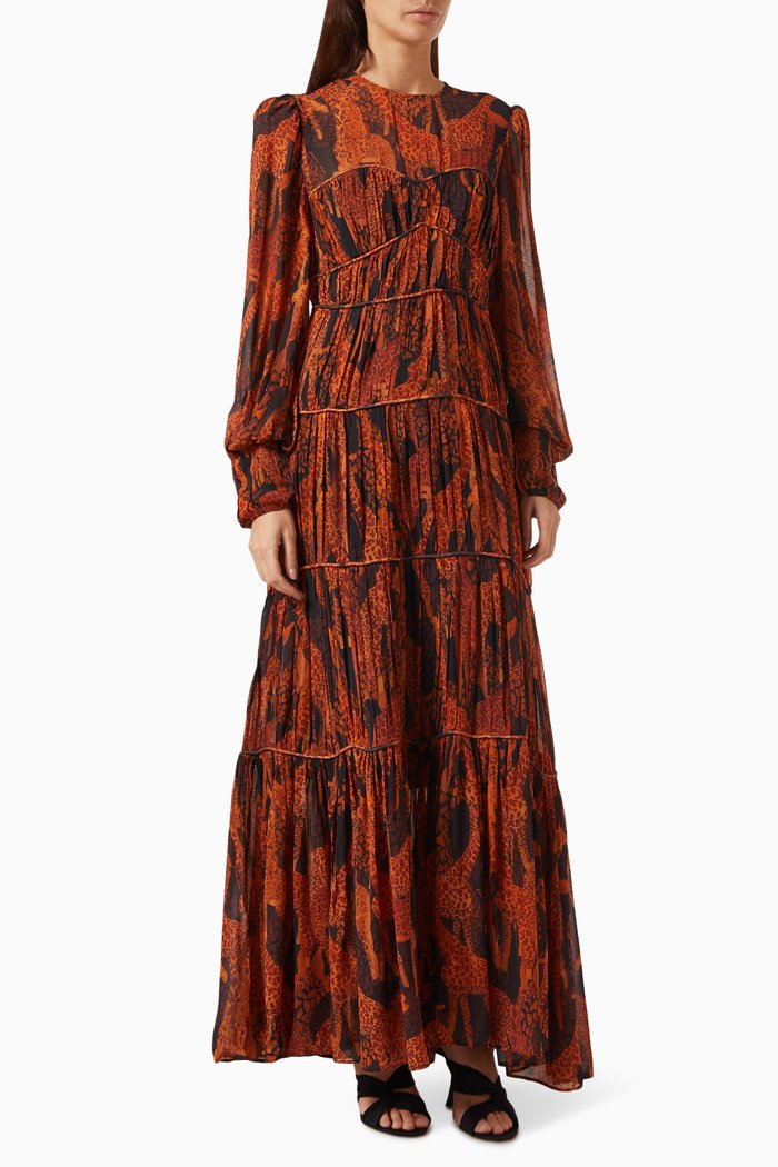 

Giraffes Puff-sleeve Maxi Dress in Viscose, Black