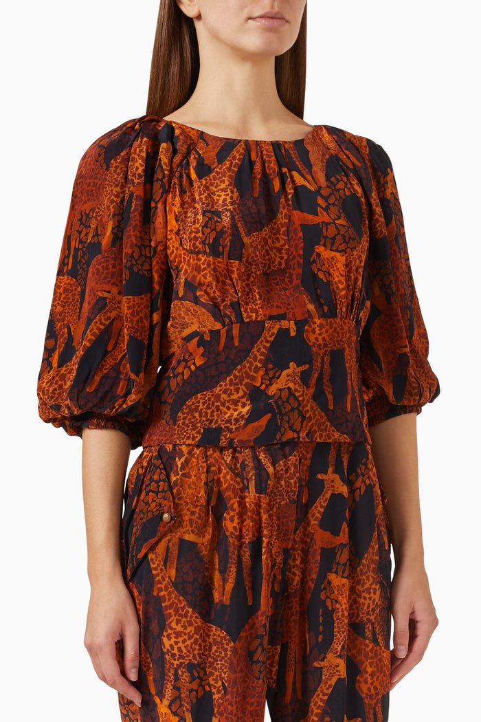 

Giraffes Puff-sleeve Blouse in Viscose, Black