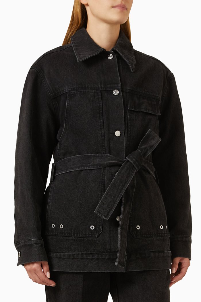 

Chore Oversized Belted Jacket in Quilted Denim, Black