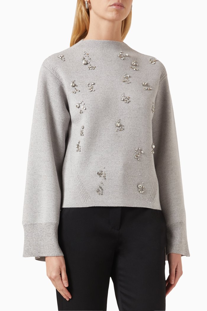 

Crystal-embellished Sweater in Merino Wool, Grey