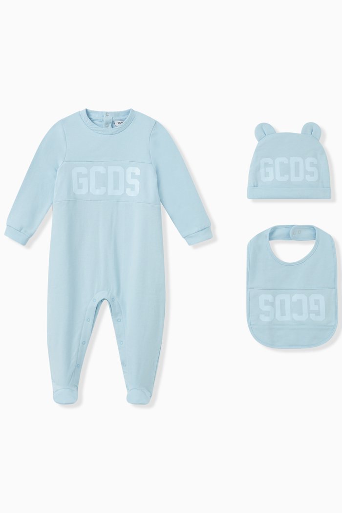 Logo Sleepsuit, Bib & Hat Set in Cotton, Blue