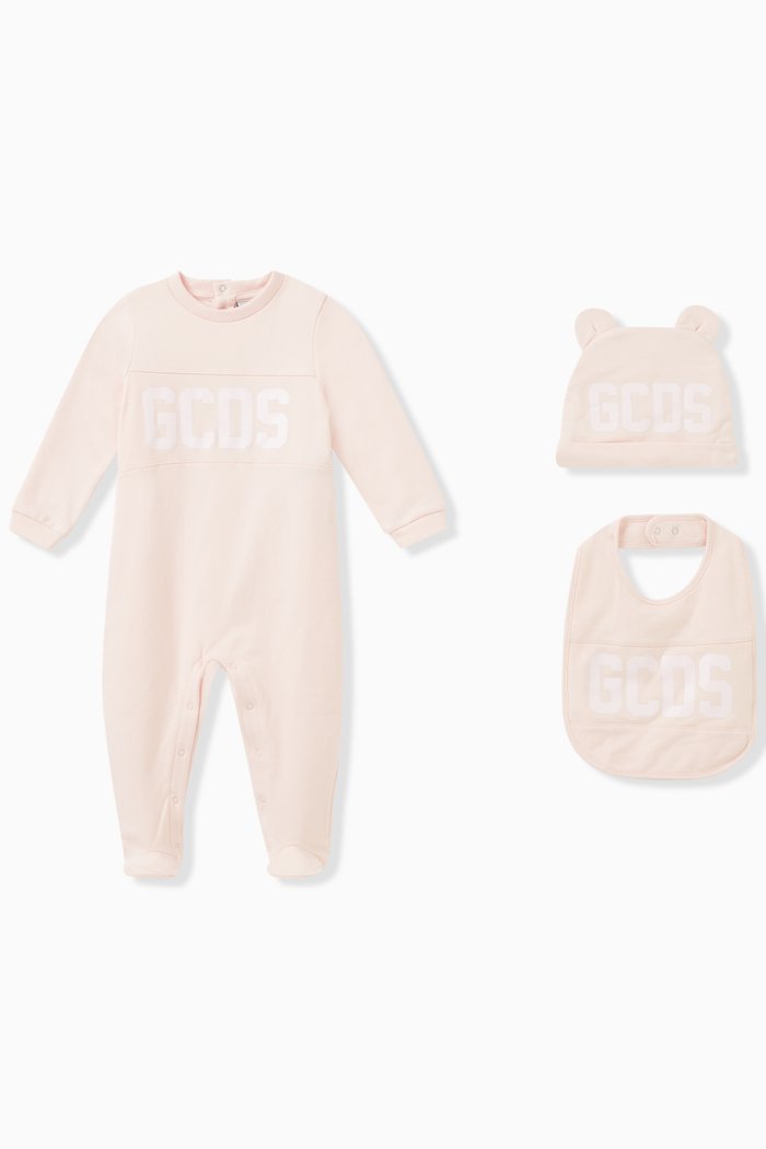 

Logo Sleepsuit, Bib & Hat Set in Cotton, Pink