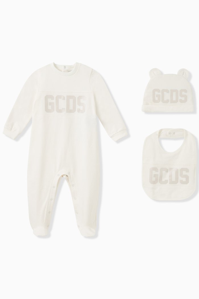 

Logo Sleepsuit, Bib & Hat Set in Cotton, Neutral