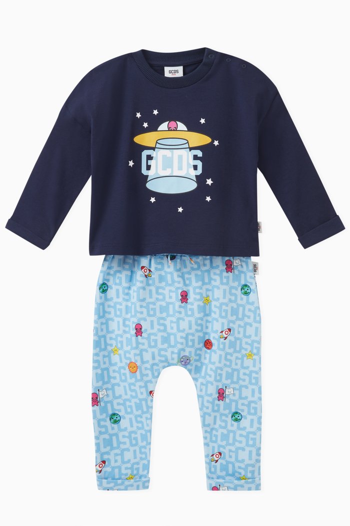 

Spaceship-print Pyjama Set in Cotton, Blue