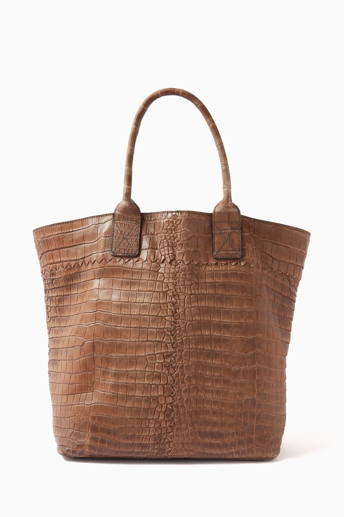 

Travel Tote Bag in Croc-embossed Leather, Neutral