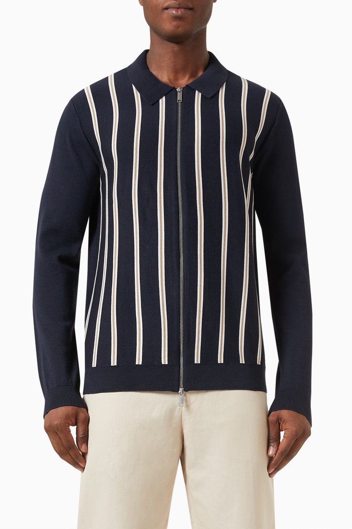 

Mattis Striped Zip Cardigan in Organic-cotton Knit, Blue