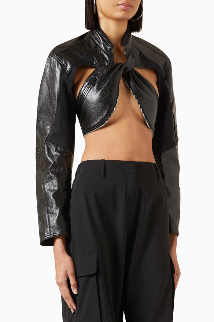 

Cut-Out Cropped Biker Jacket in Faux-leather, Black