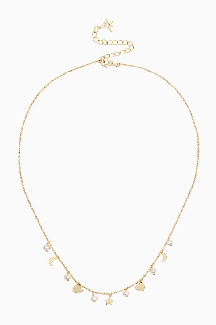 

Dangling Multi Charms & Pearls Necklace in 14kt Gold-plated Silver, Yellow