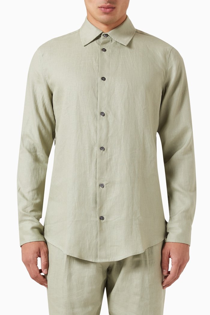 

Long Sleeved Shirt in Linen, Green