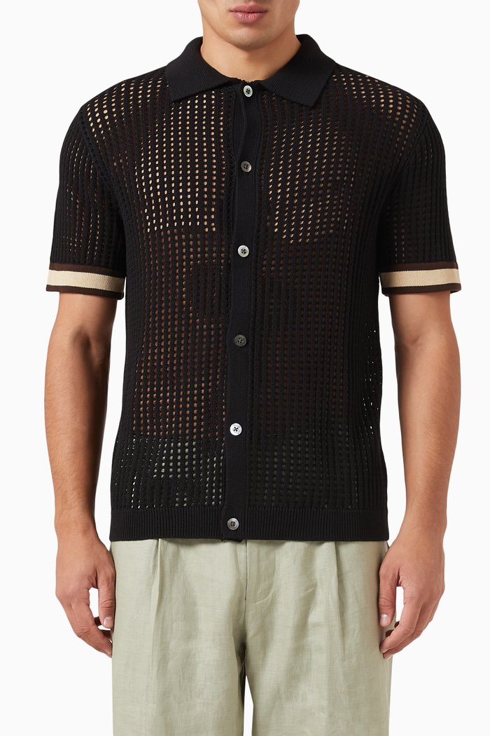 Elias Crochet Polo Shirt in Cotton Knit, Black