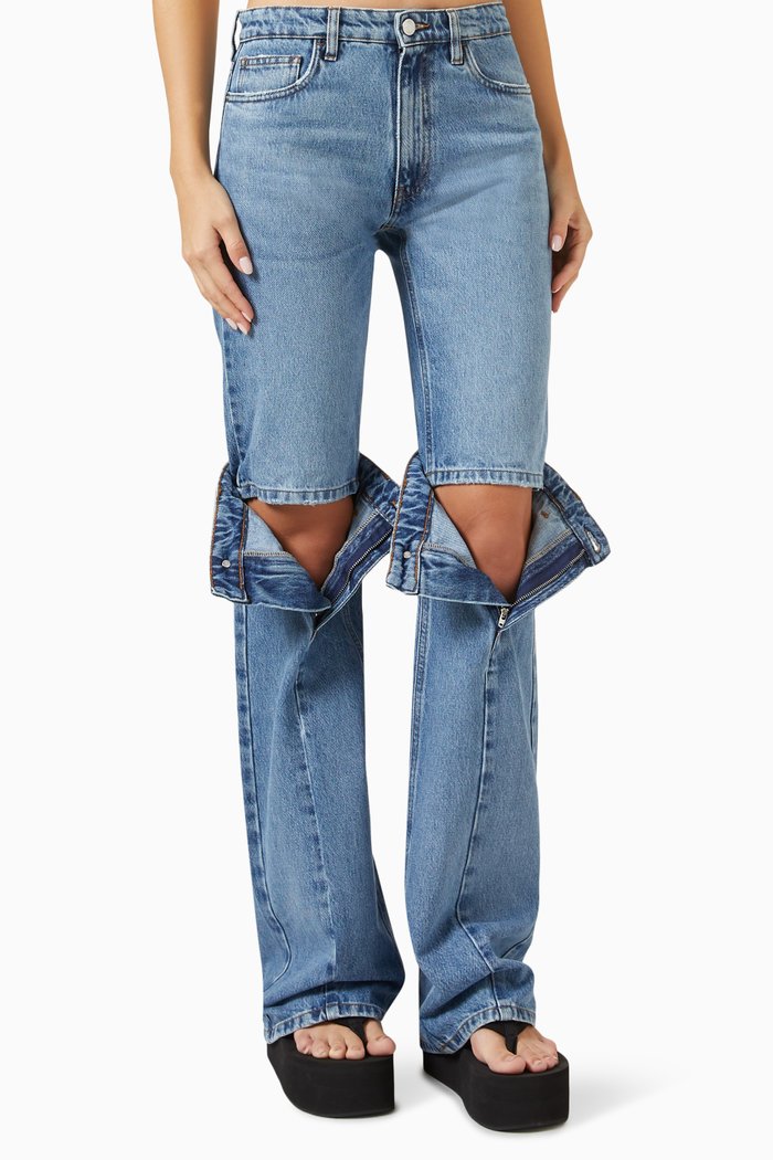 

Open-Knee Panel Jeans in Cotton, Blue