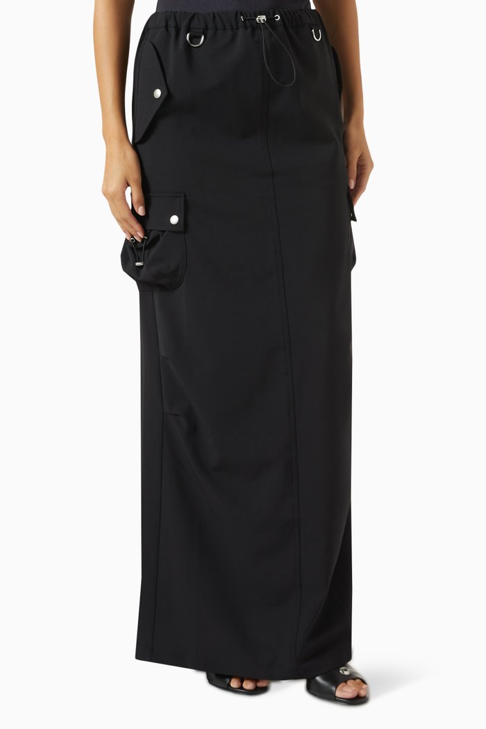 

Tailored Cargo Maxi Skirt in Wool-blend Fleecy Fabric, Black