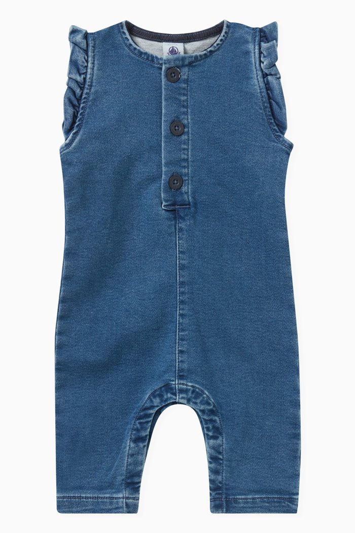 Ruffled Denim Jumpsuit in Cotton, Blue